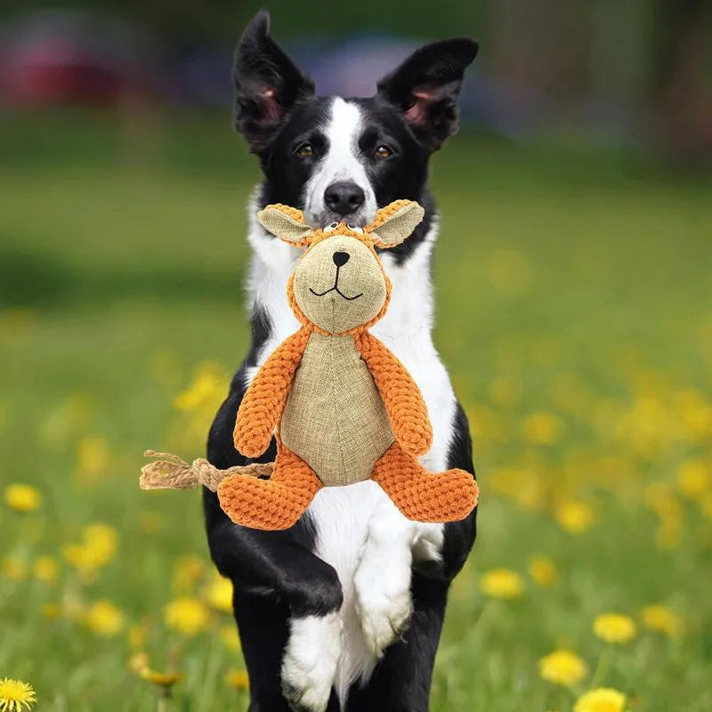 Four animal-shaped dog plush toys: donkey, elephant, orangutan and rabbit designs with squeakers