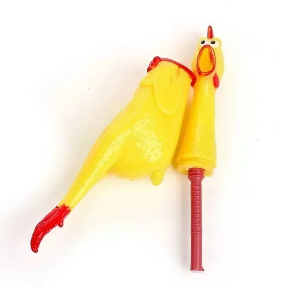 Yellow rubber screaming chicken dog squeak toy shown in three different sizes for small, medium, and large dogs