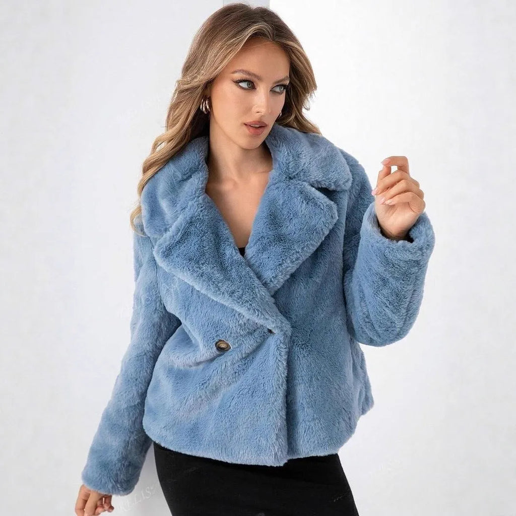 Women's short loose coat in rose red artificial faux fur with regular sleeves