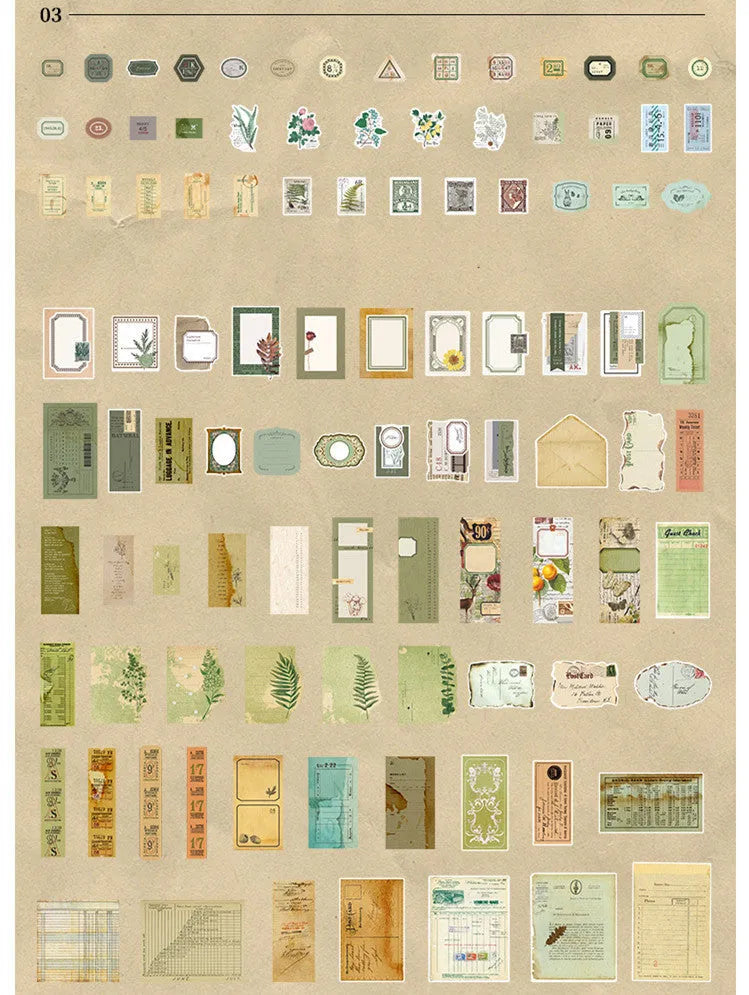 Retro literary DIY sticker pack showing 200 sheets of Japanese paper in four design collections