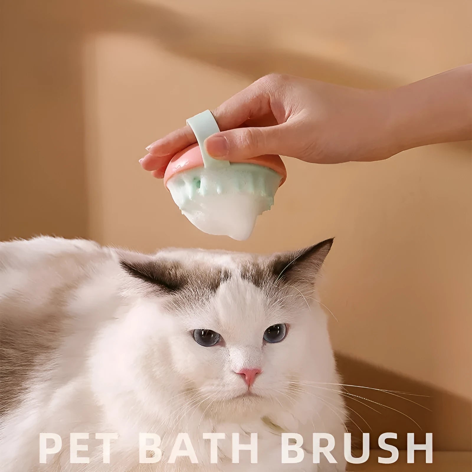 Silicone pet bathing brush with plastic handle in blue, pink, white, and yellow colour options