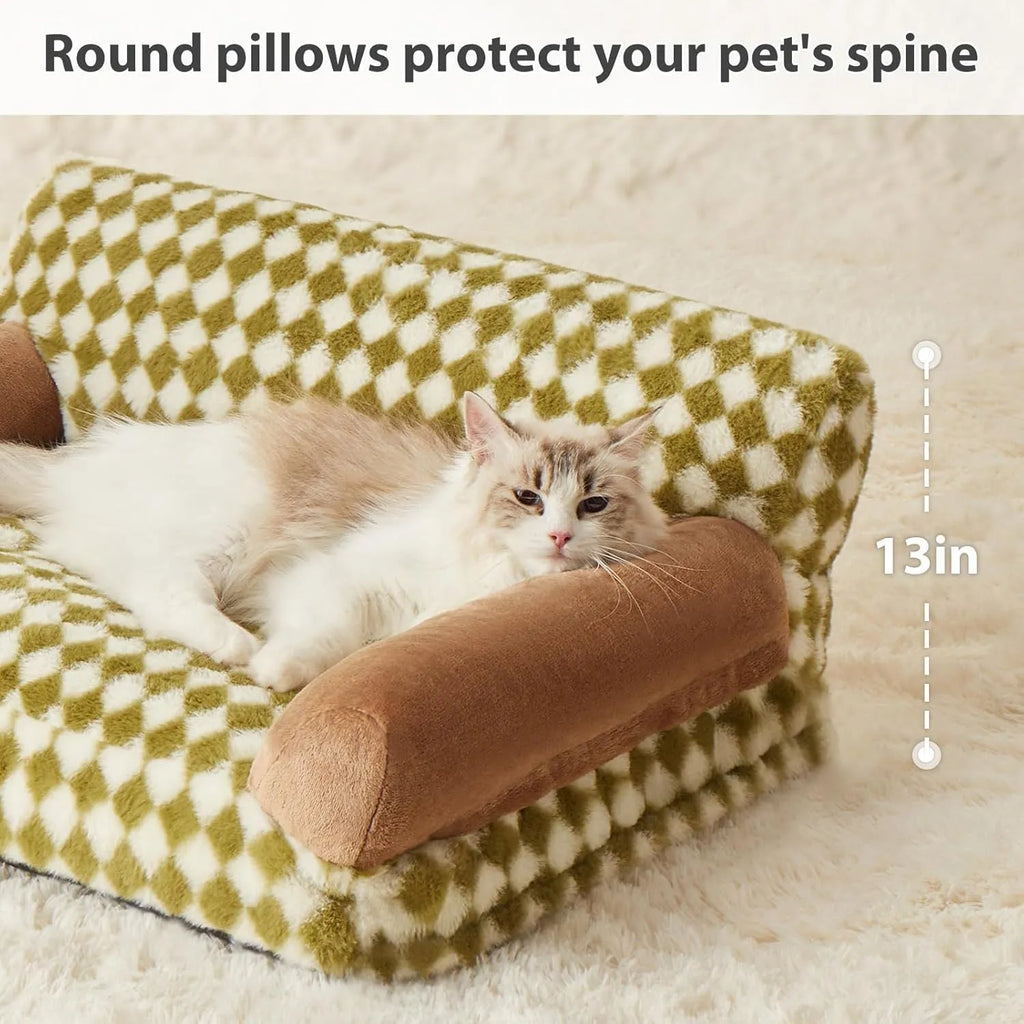 Checkered pet couch bed for small dogs and cats on a wooden floor, showing its raised design and removable cover.