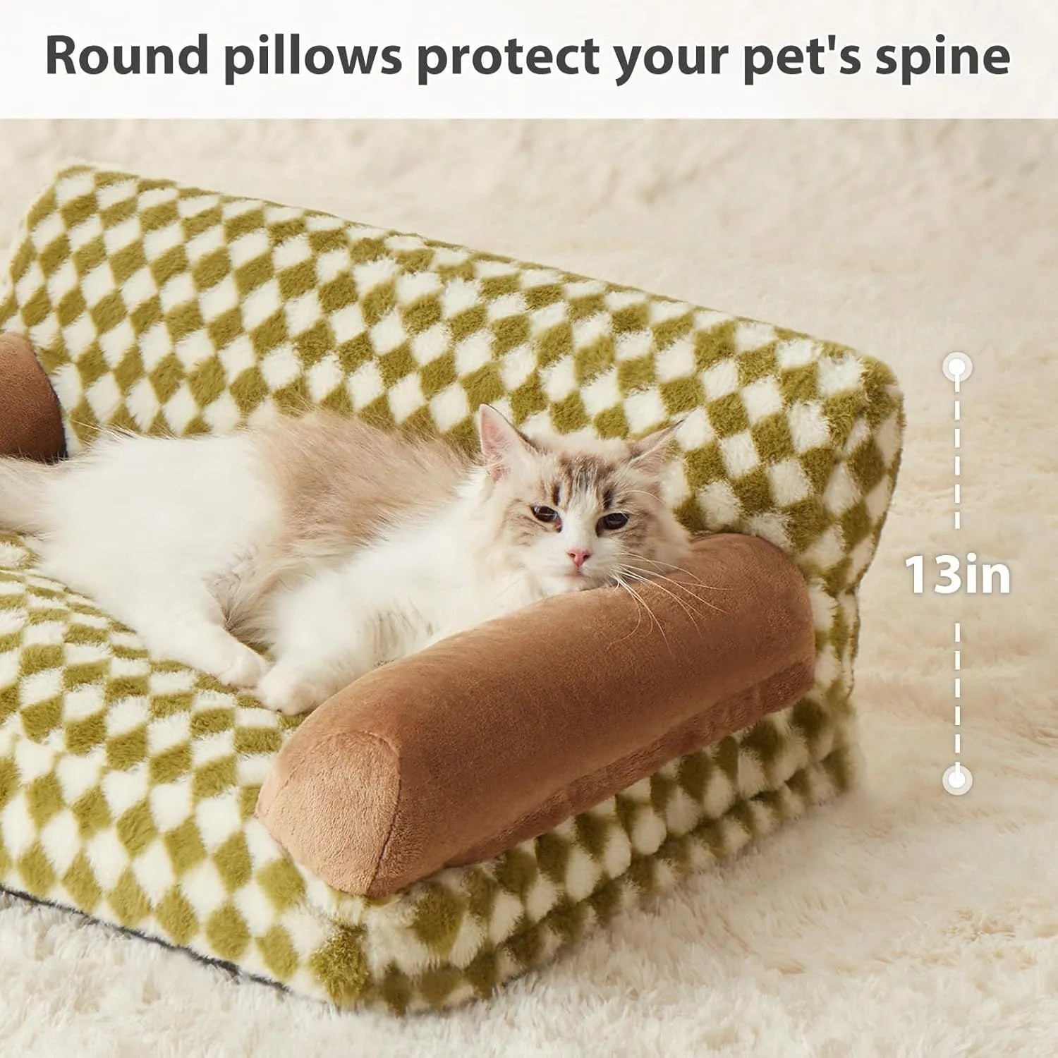 Checkered pet couch bed for small dogs and cats on a wooden floor, showing its raised design and removable cover.