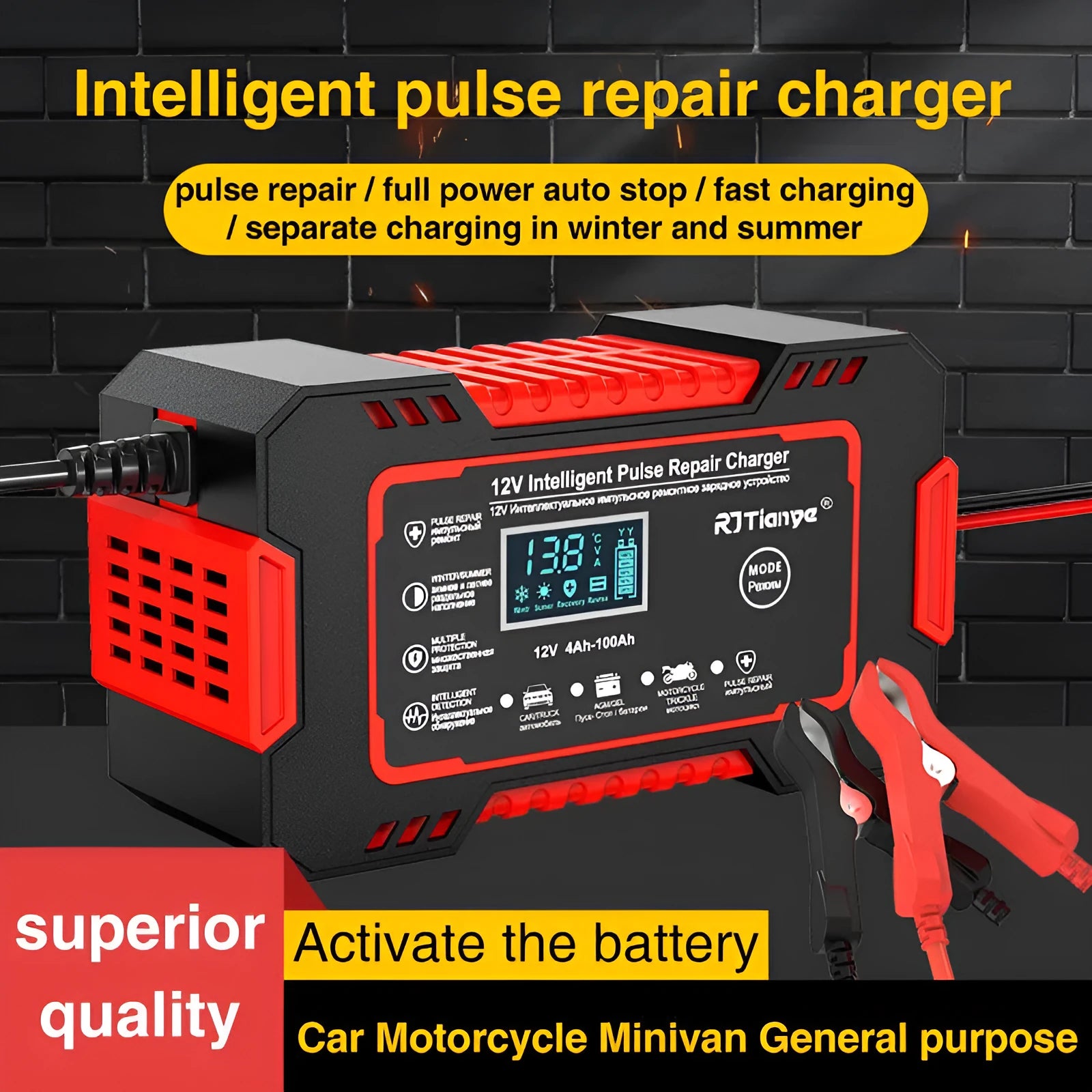 Car battery charger for lead acid batteries red US standard reverse connection protection on-screen display