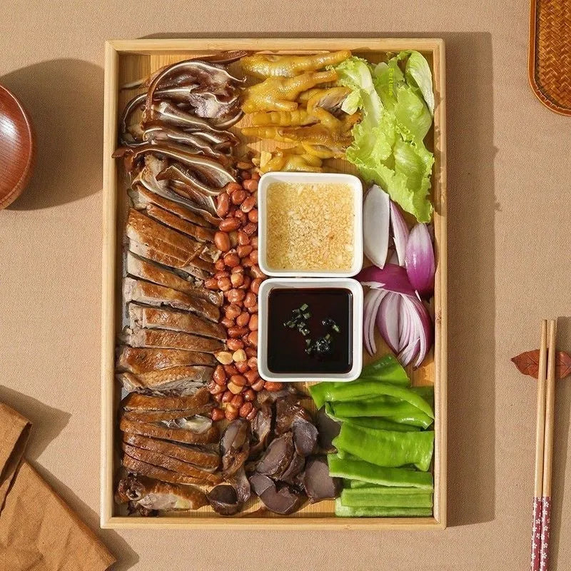 Brown handled bamboo serving tray in square shape for commercial barbecue and hospitality use