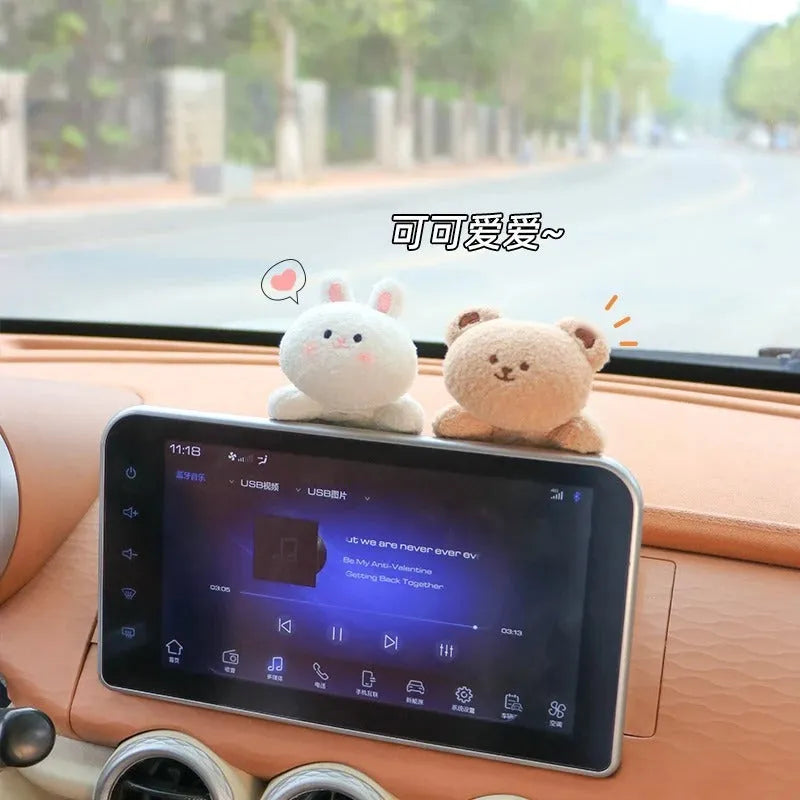 Fabric plush doll car decoration for dashboard in bear or rabbit cartoon designs