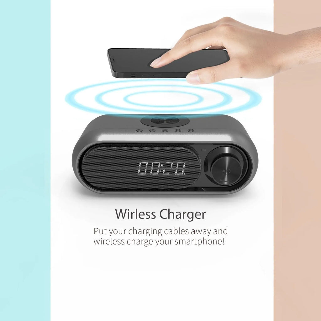 Space grey bedside wireless charging alarm clock with digital display and Bluetooth speaker