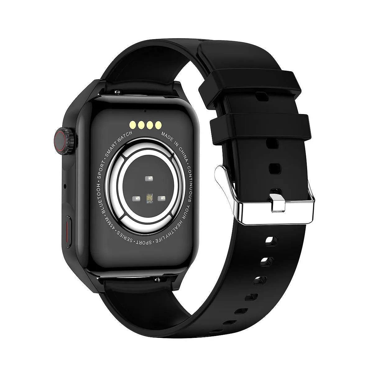 Smart watch with a pink silicone strap showing its AMOLED screen and compact case.