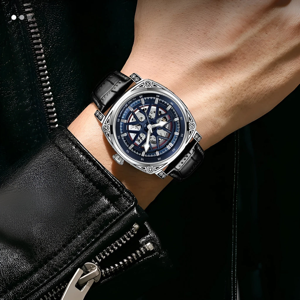 Men's automatic mechanical watch with stainless steel case and blue leather strap.
