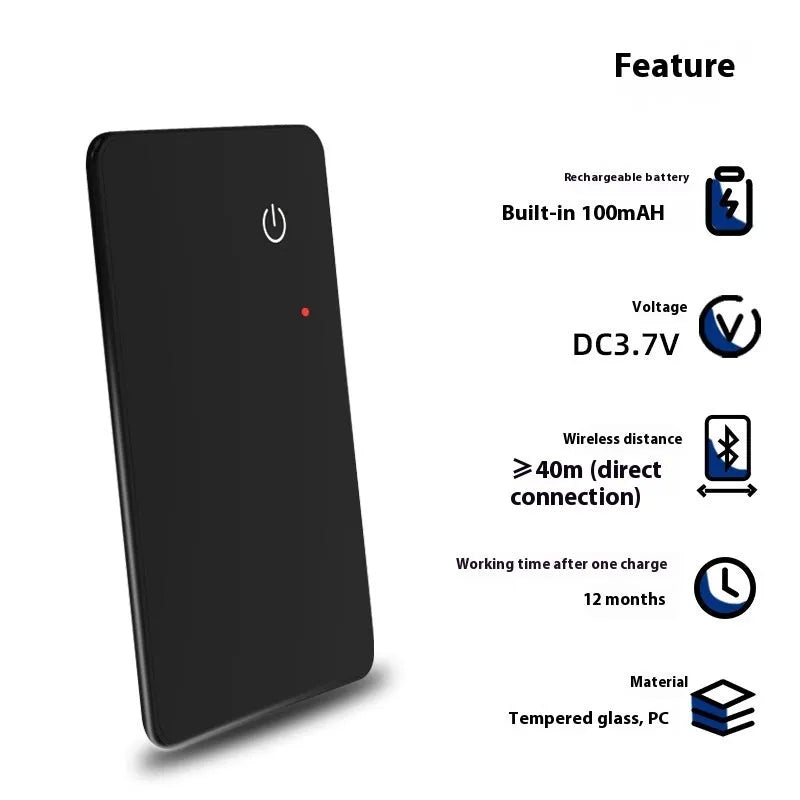 Black NFC pet tracking card with wireless charging, showing hanging hole and slim 2.1mm profile.