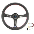 Leather-wrapped 14-inch steering wheel with concave sides on a black metal skeleton frame