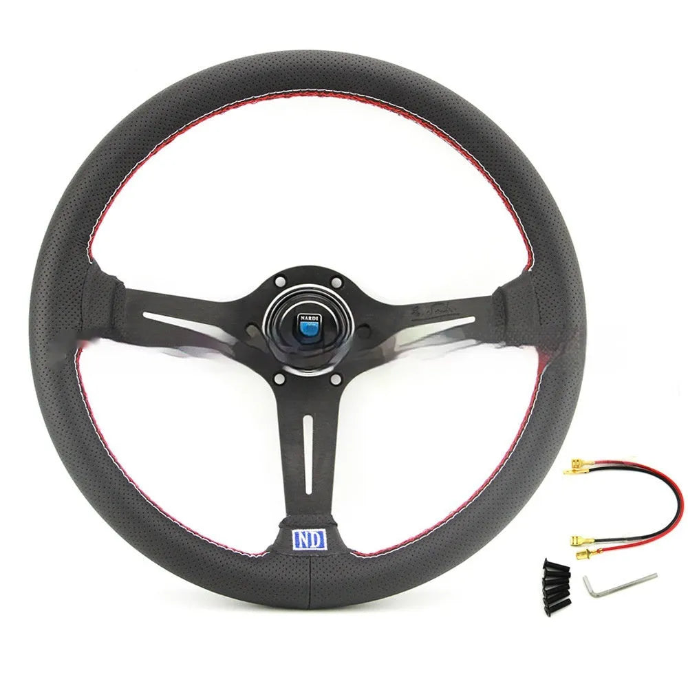 Leather-wrapped 14-inch steering wheel with concave sides on a black metal skeleton frame