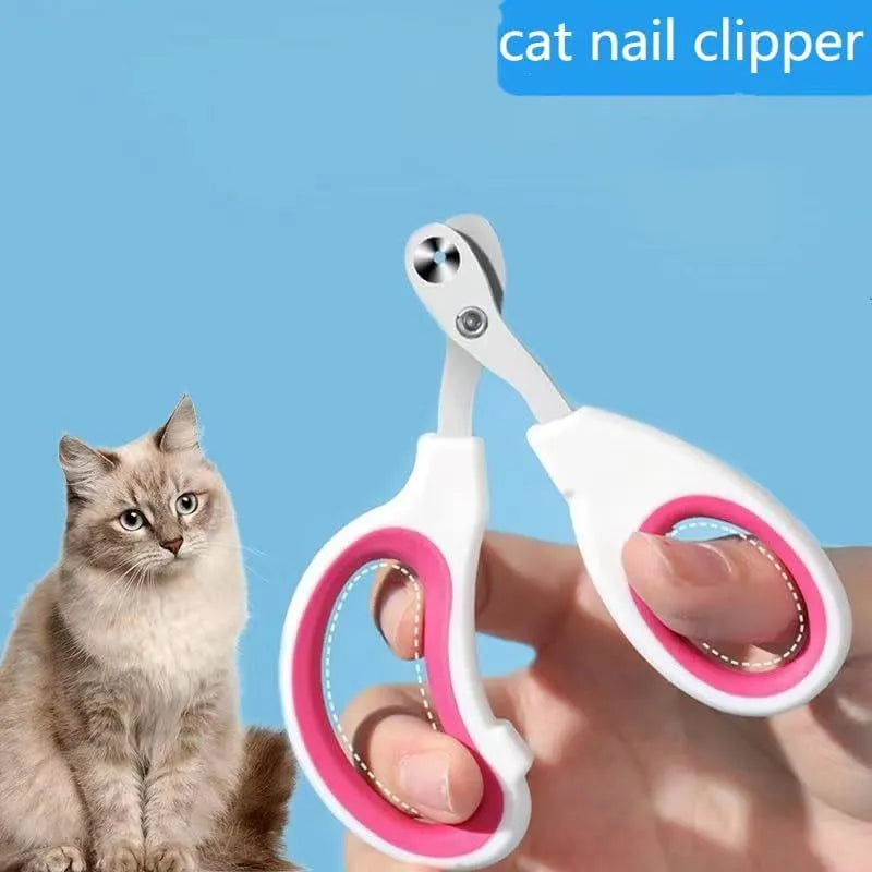 Blue pet nail clippers with a circular safety hole and non-slip handle on a white background.