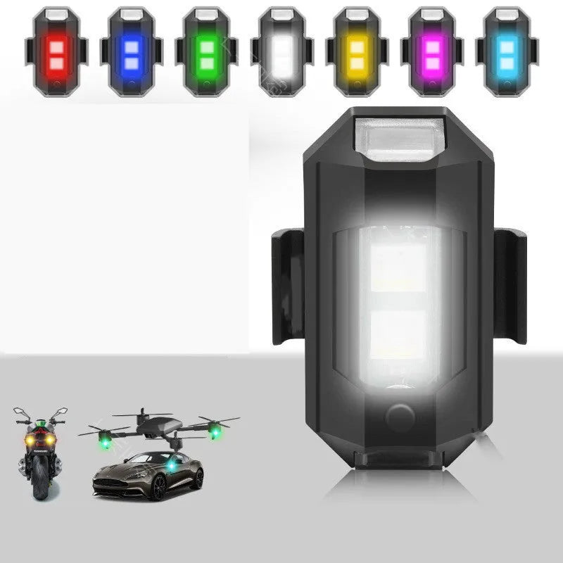 USB mini strobe warning light in ABS housing with Velcro strips for mounting on bicycle or motorcycle