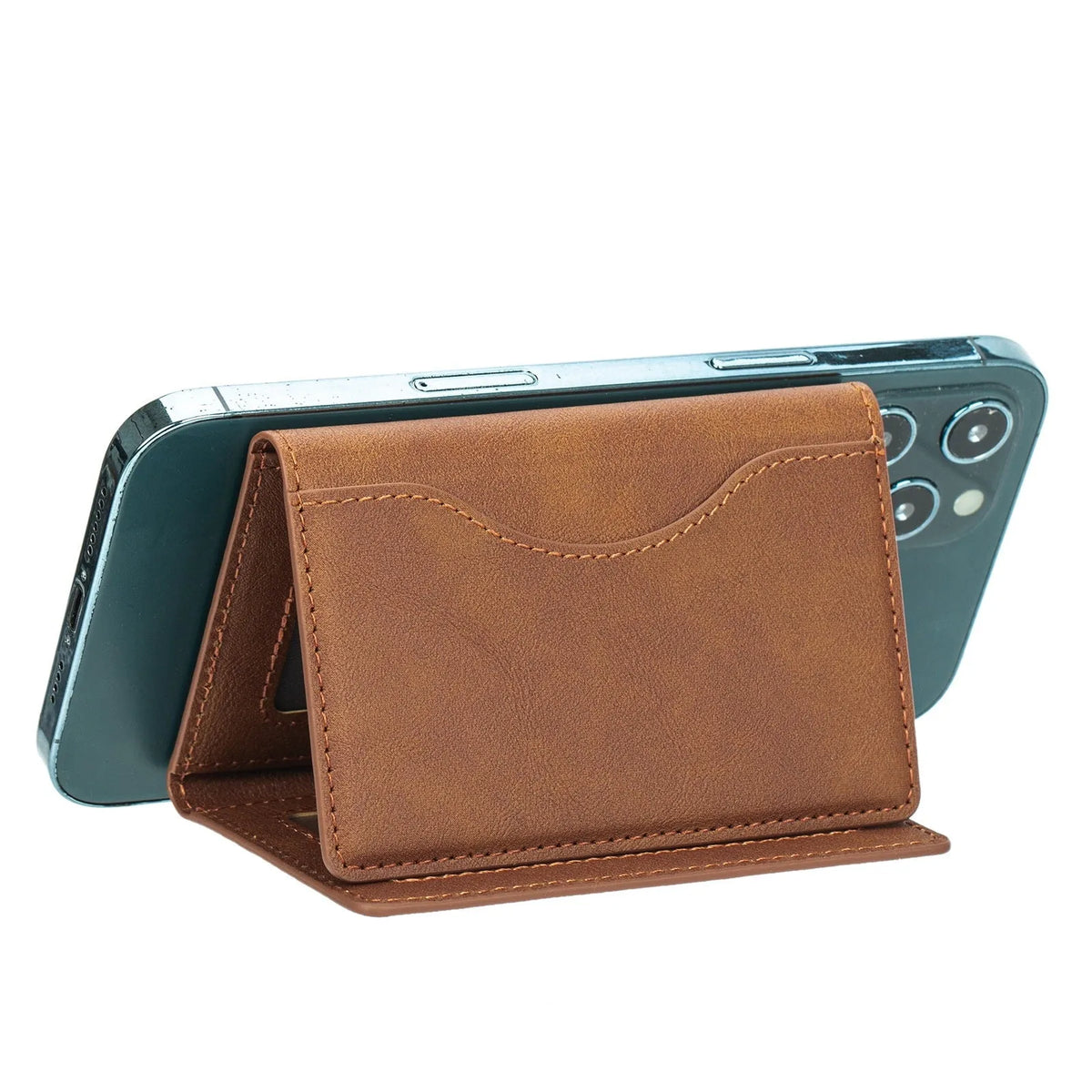 Leather tri-fold magnetic wallet card holder in purple, green, blue, black for Apple phones with bracket and anti-fall feature.