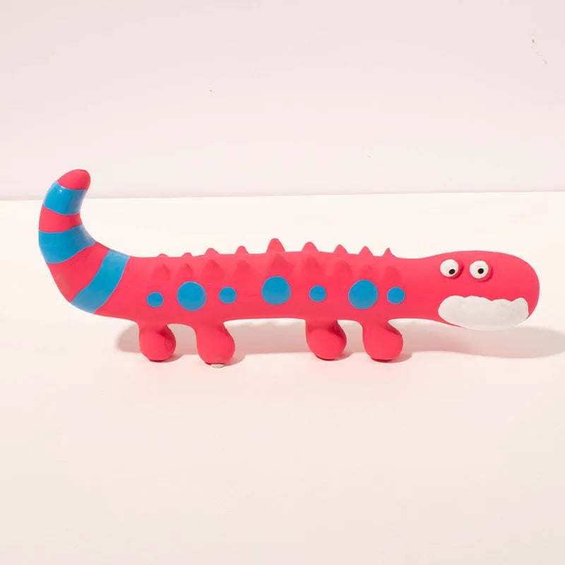 Green cartoon lizard shaped latex dog squeaky chew toy on a white background.