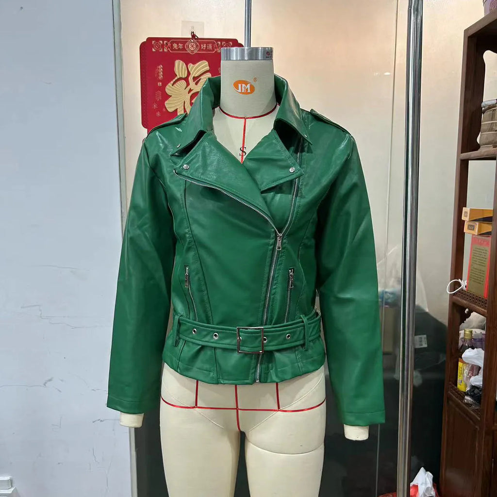 Black punk-style short jacket with a Peter Pan collar, pointed lapels, and a drawstring waist.
