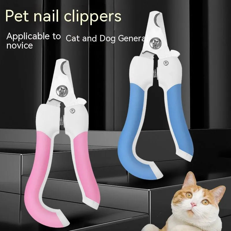Pet nail scissors with stainless steel cutter head and curved handle in blue or pink, small or large, for dogs and cats