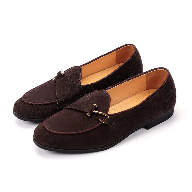 Pair of men's cow split suede leather loafers with low heel and metal detail in beige