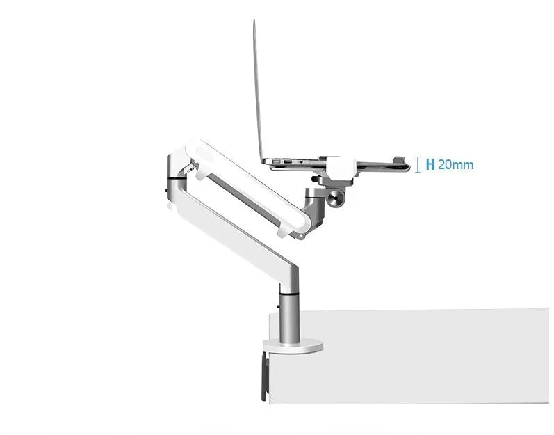 Aluminium alloy laptop stand with an adjustable air pressure arm in black colour on a wooden desk.