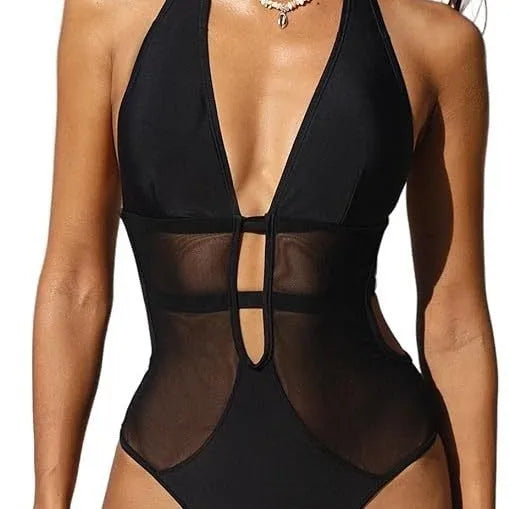 Black women's one-piece swimsuit with V-neck hanging neckline and mesh detailing