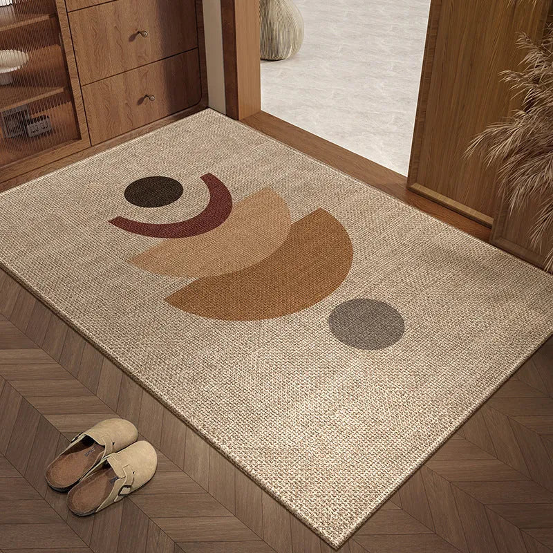 Beige linen home mat with plant and flower print, square shape, available in 40x60cm to 80x120cm