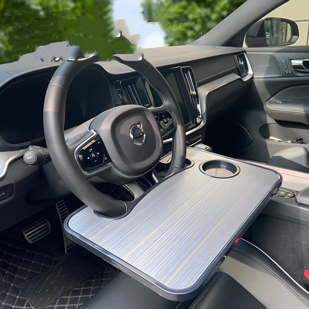 HDPE steering wheel dining table 42x28cm in wood grain black finish on a car steering wheel
