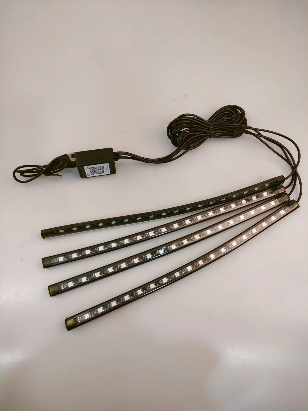 Car LED atmosphere lighting strip showing eight RGB colours with voice control and app connectivity