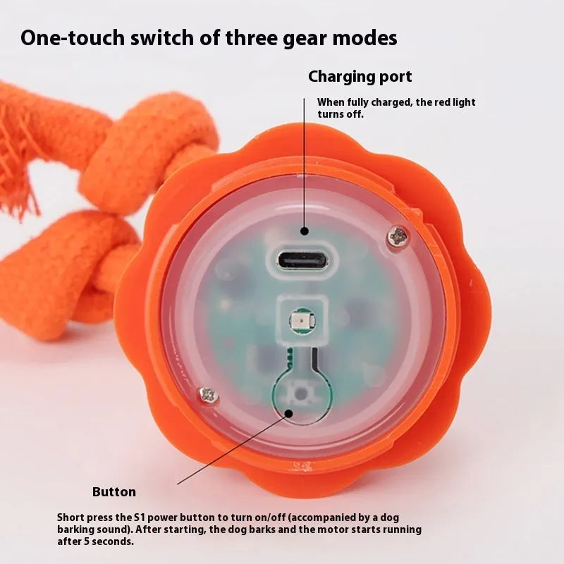 Automatic dog ball toy with sound, TPR plastic and cotton knot, USB powered, in orange, brown, and white
