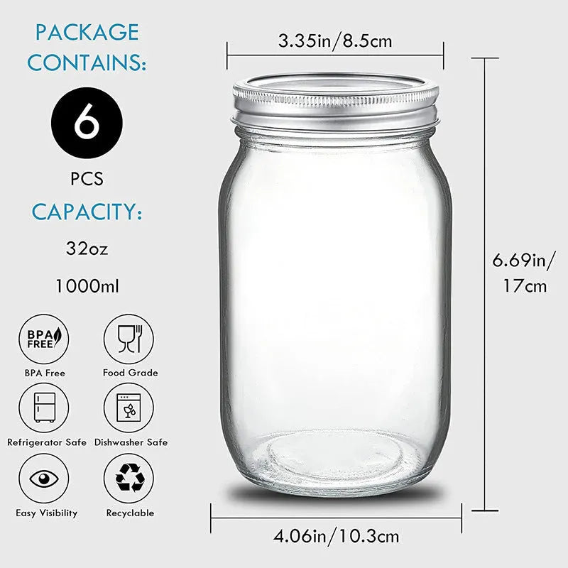 6-pack of 32oz transparent glass storage cans with airtight lids for pantry