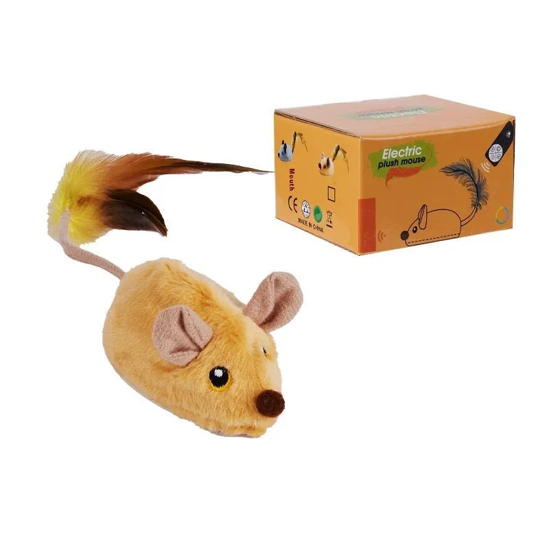 Electric plush mouse cat toy with remote control showing forward motion on floor