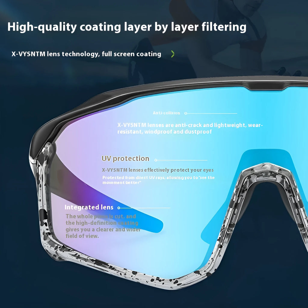 Full-frame mountaineering goggles for climbing and snow sports, shown in a colourful design.