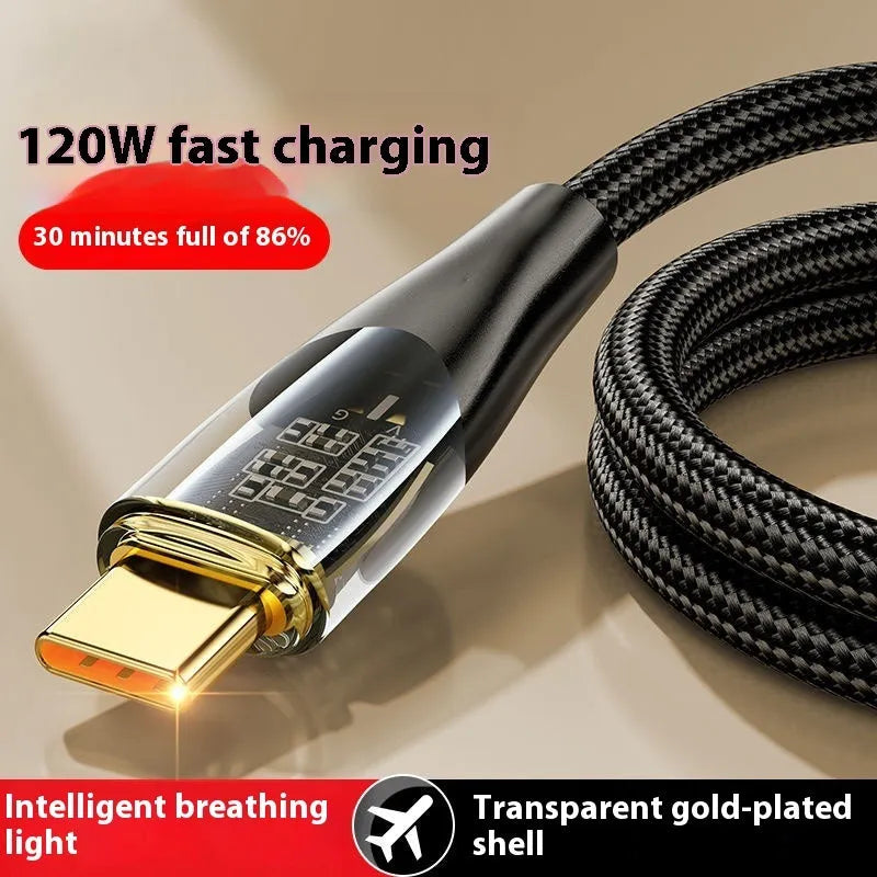 Transparent gold-plated 120W super fast charge Type-C data cable with woven fabric exterior, 2 metres long, black colour