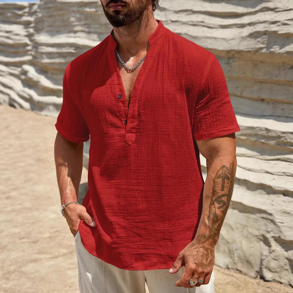 Men's solid colour short-sleeve shirt with a stand collar in a light blue shade.