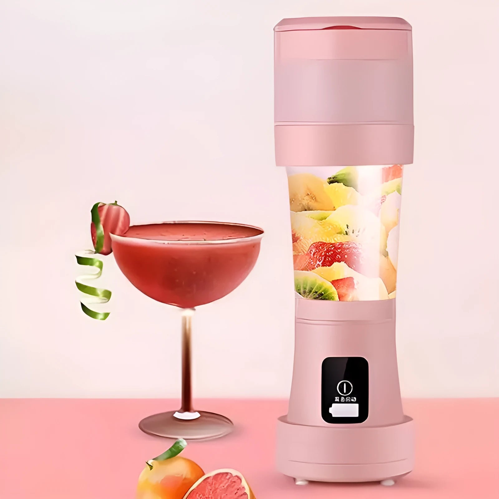 Blue portable USB rechargeable blender with 450ml cup and stainless steel blades.