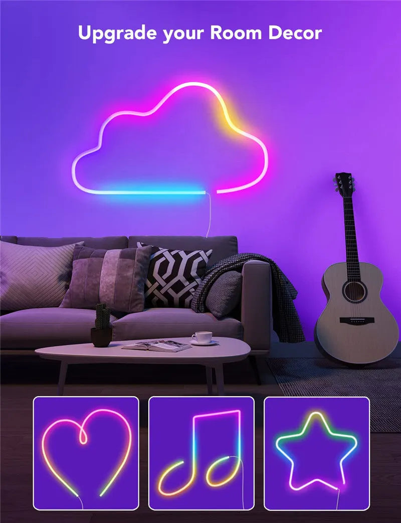 12V flexible LED neon light strip with full colour flowing light, app and voice control, 6x12mm profile