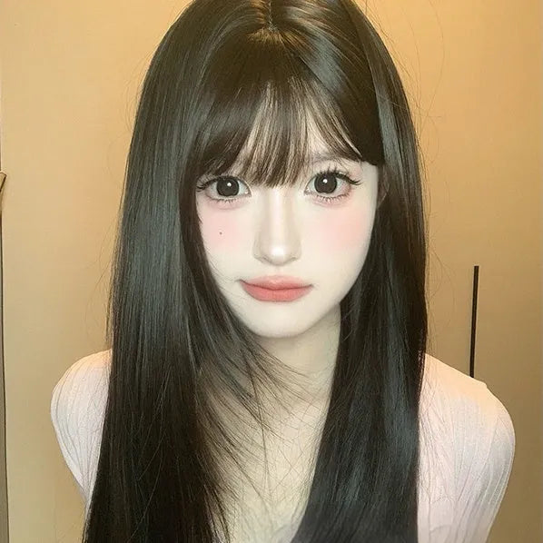 Dark brown synthetic long straight wig with fringe for women with round face shapes