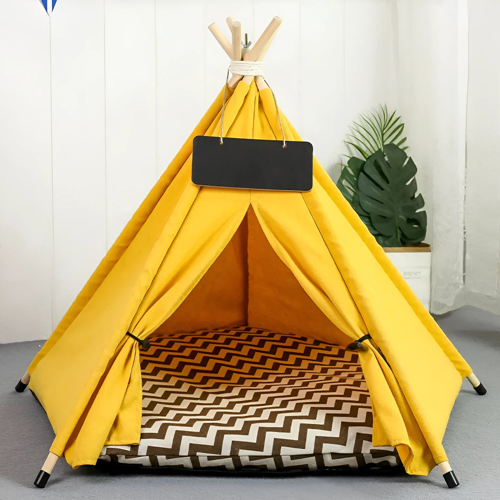 Striped flax linen pet teepee tent with cushion for small dogs or cats.