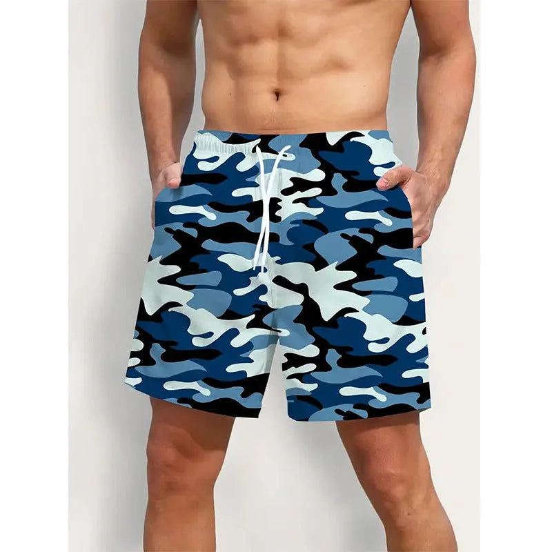 Men's polyester beach shorts with printed design and elastic waistband in multiple colour options