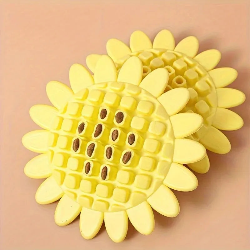 Yellow rubber sunflower-shaped dog chew toy for puppy teething and play