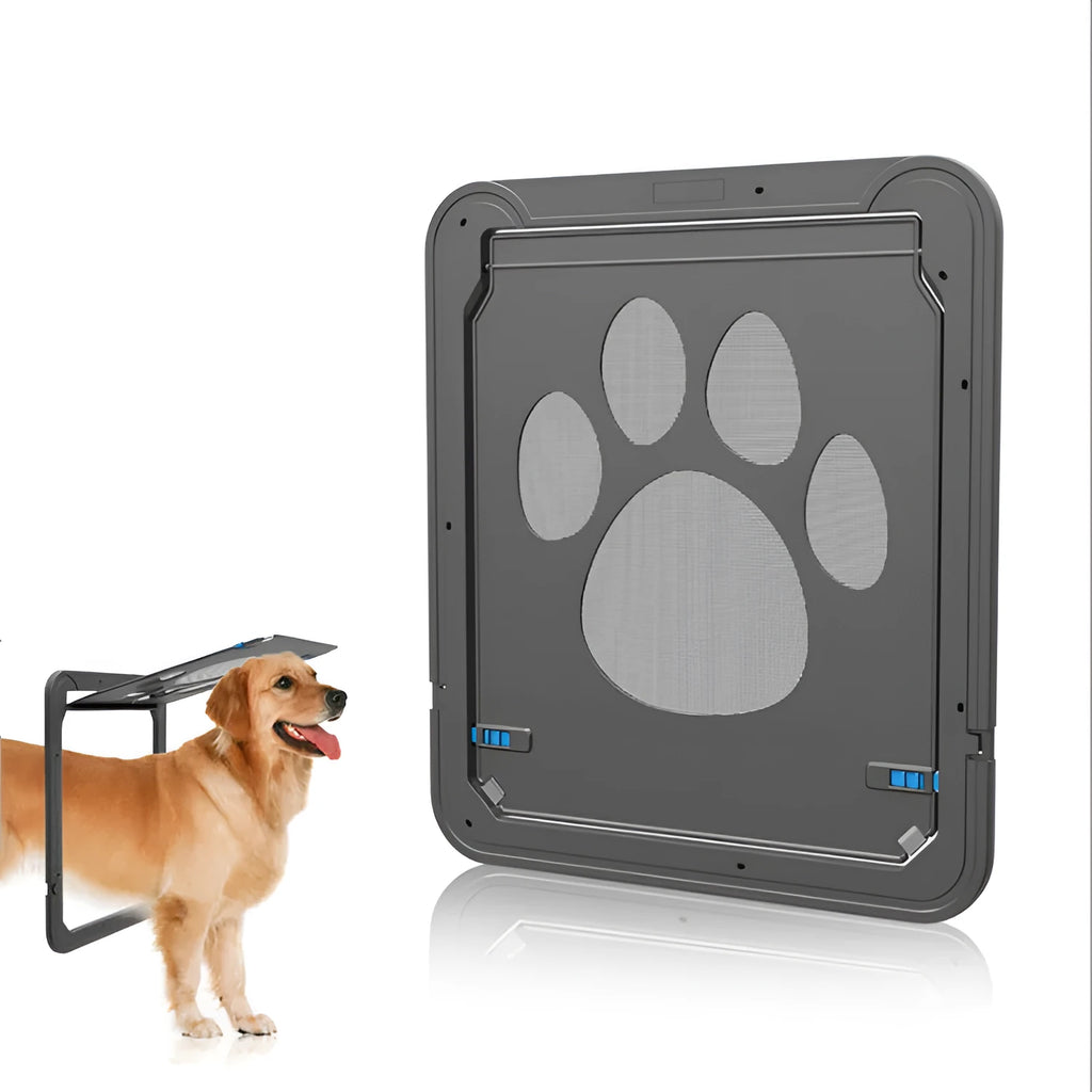 Lockable black pet screen door with ABS frame and nylon mesh for small cats and dogs on a screen window