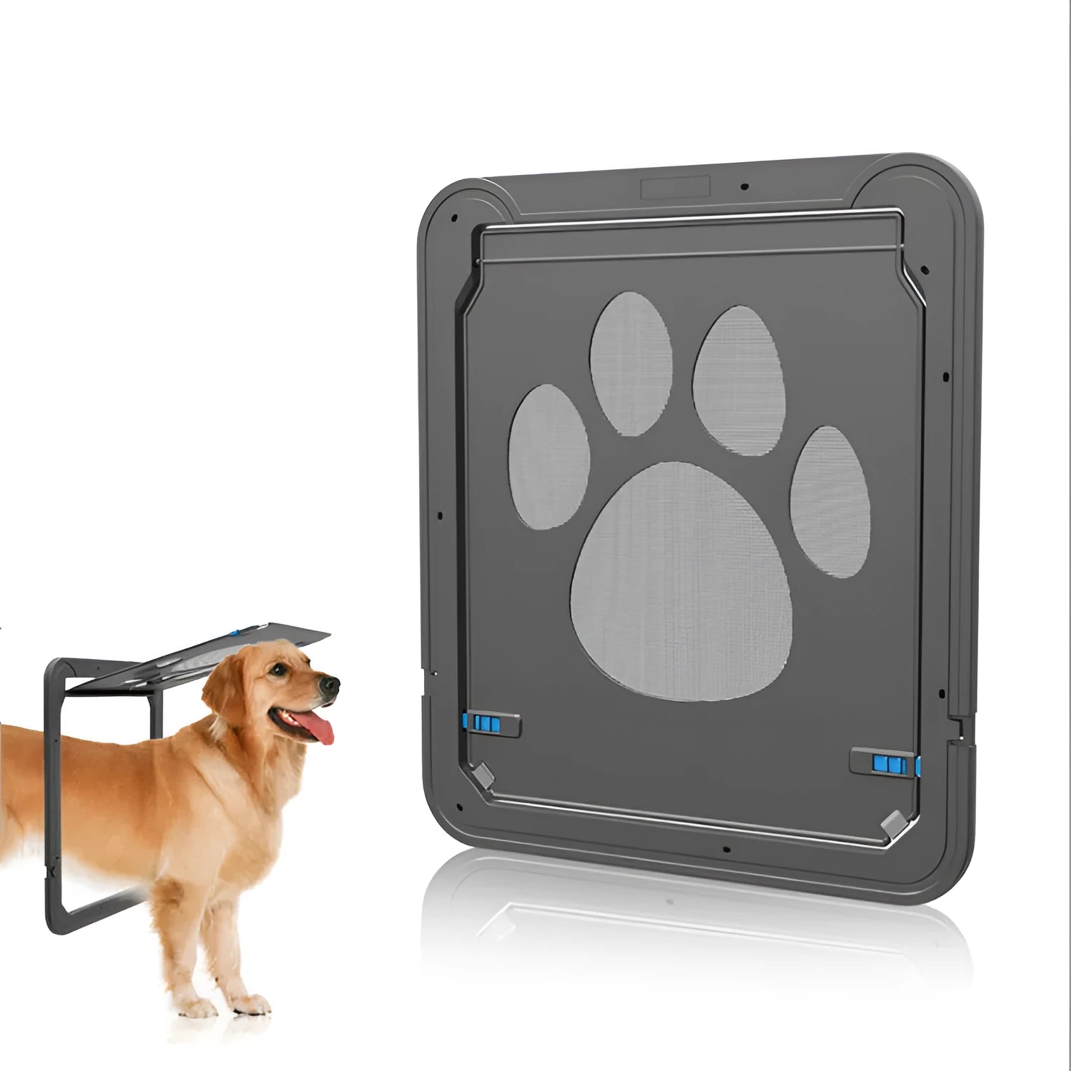 Lockable black pet screen door with ABS frame and nylon mesh for small cats and dogs on a screen window