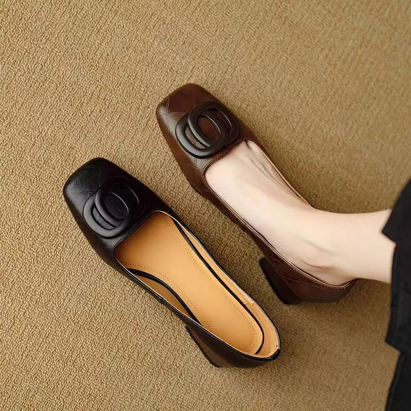 Women's chunky heel square toe pumps in light brown with buckle detail and rubber sole