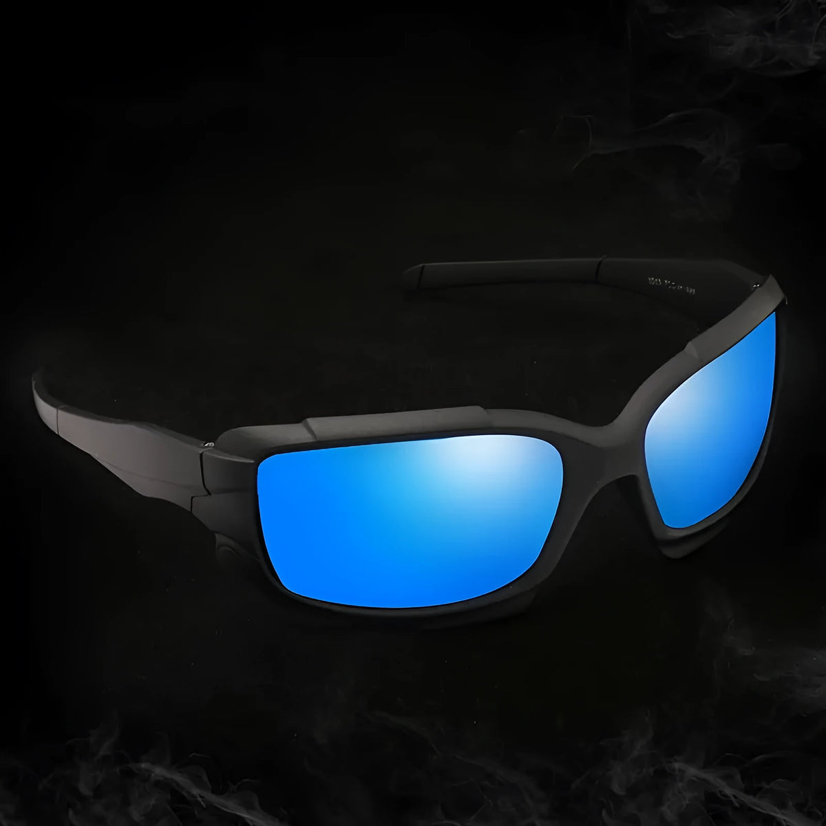 Black plastic frame polarized sunglasses with TAC lens, shown in blue, grey, orange or night vision lens options for men's outdoor riding