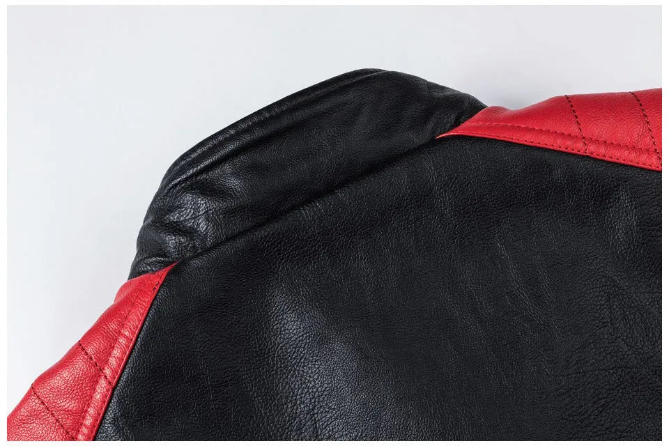 Men's PU leather motorcycle jacket with stand collar and zipper pockets, retro style, brick red, brown or ivory white