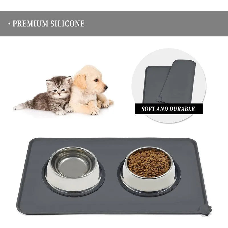 Silicone pet food placemat in blue colour with a raised lip, showing a dog bowl placed on it.