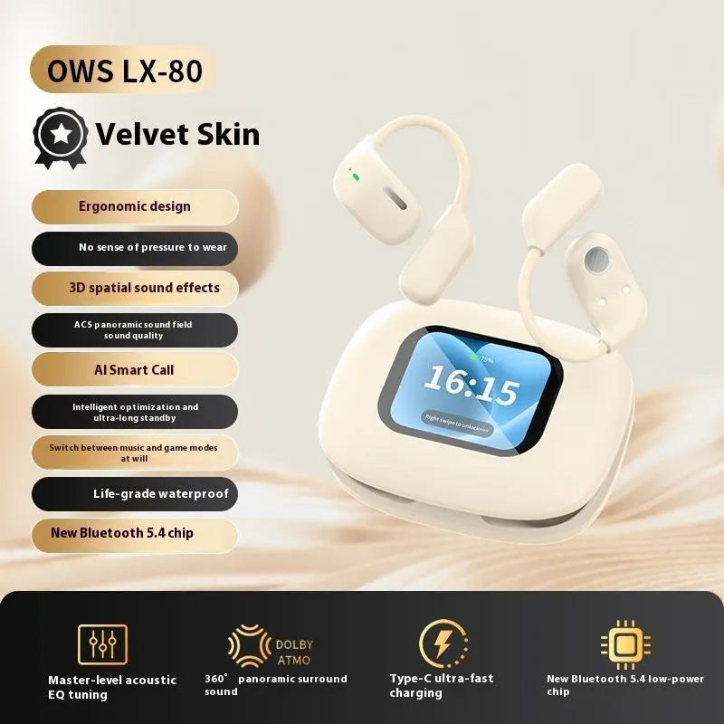 Bluetooth V5.4 open-ear OWS headset with charging case in black, 14g earphone, 15m range