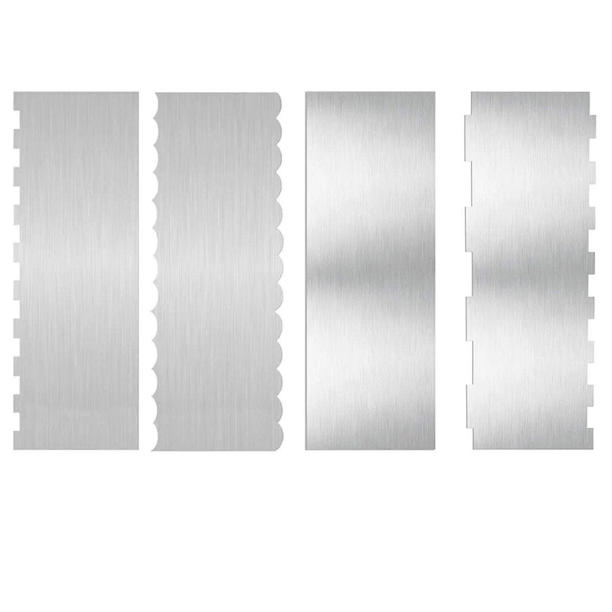 Stainless steel cake scraper with a polygonal pattern for texturing frosting, shown with six style options.