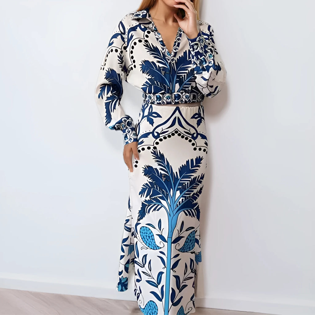 Women's early spring casual fashion set with long sleeve top and long skirt in picture colour.