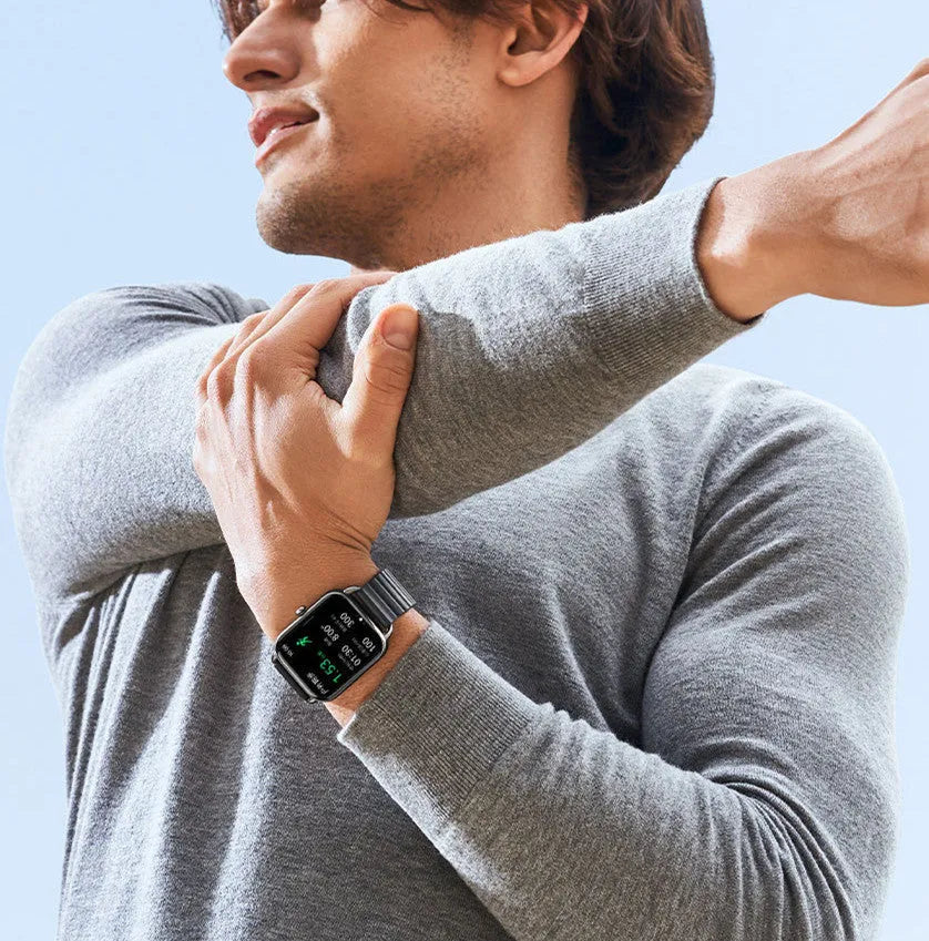 S4PLUS LS11 smart sports watch with AMOLED display on a wrist, showing fitness metrics.